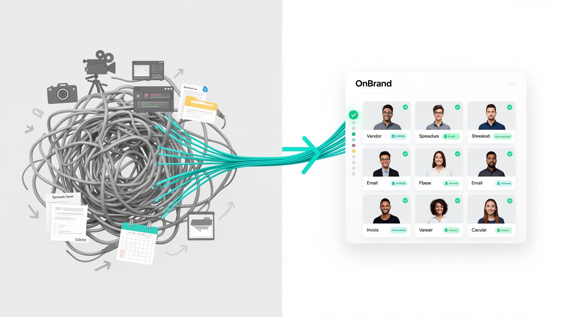 Tangled vendor chaos transforming into one clean OnBrand dashboard